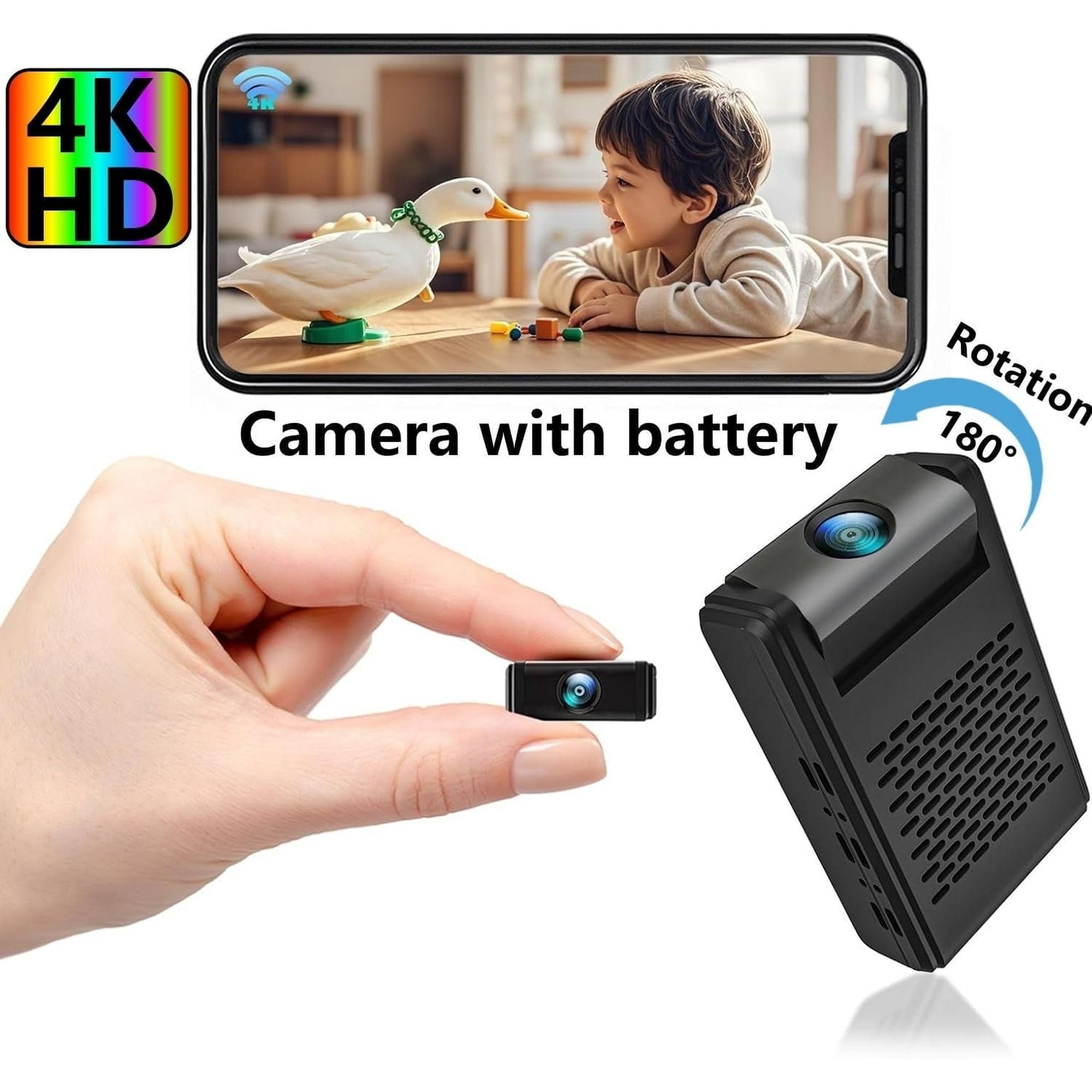 Bild mit Telefon, Kind, Entenspielzeug und kleiner Kamera in der Hand. Text: Kamera mit Akku.