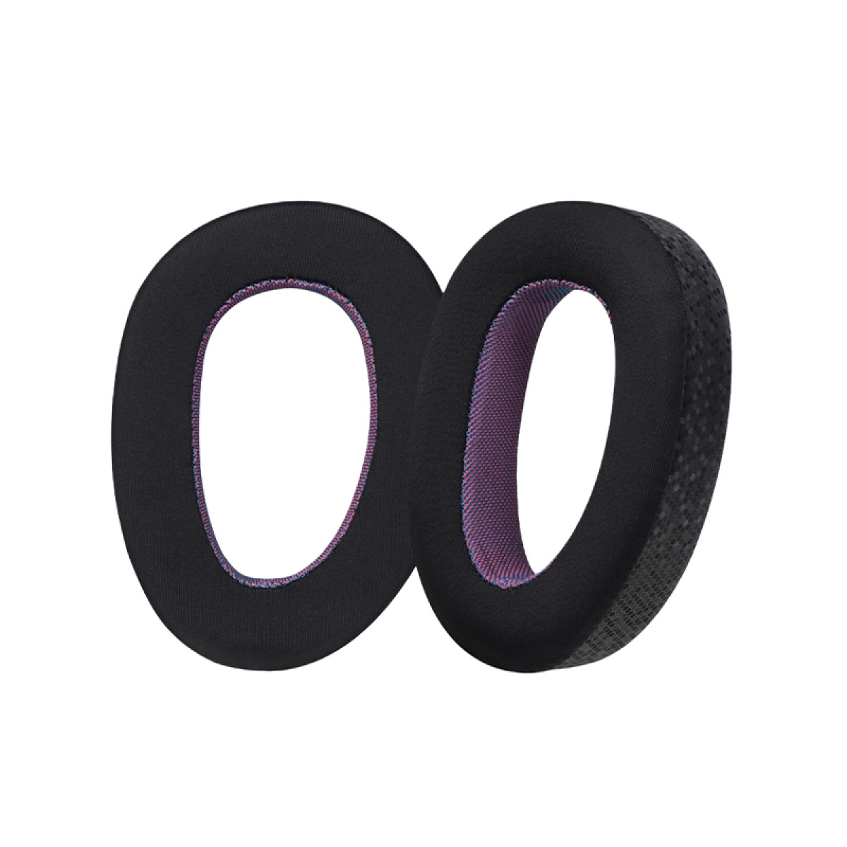 Due cuscinetti neri per auricolari con interno in rete viola e blu, isolati su sfondo bianco.