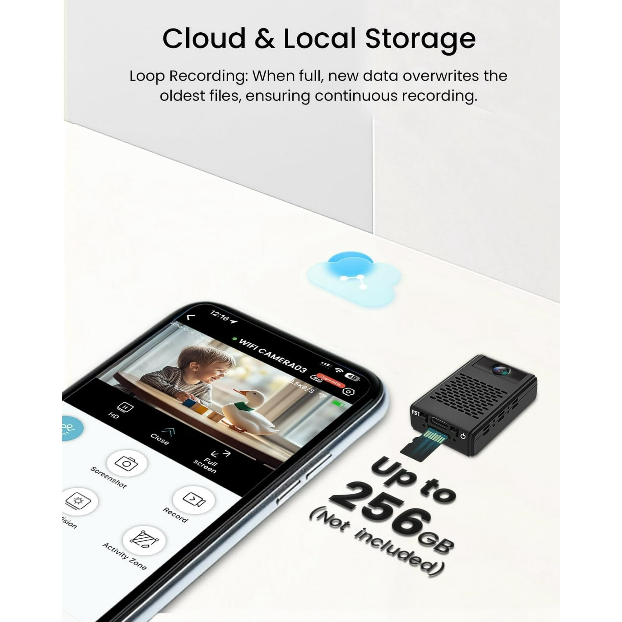 Smartphone mit Video-Feed. Mini-Kamera und Cloud-Symbol. Text: Bis zu 256 GB, Loop-Aufnahme.