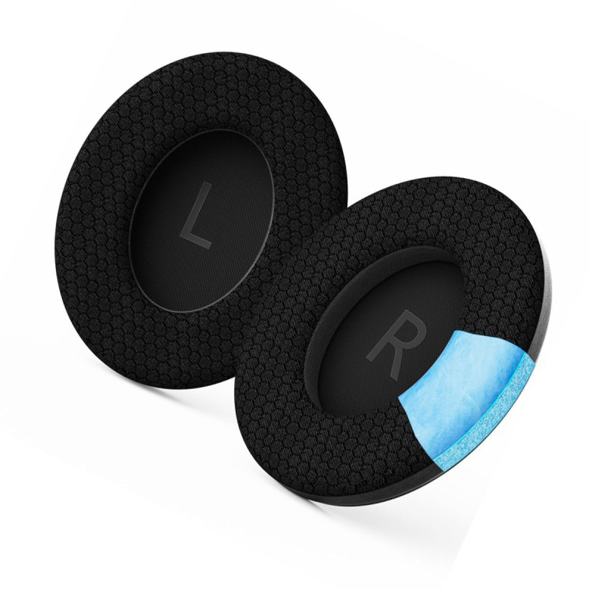 Zwei schwarze Kopfhörer-Ohrmuscheln. Eine zeigt einen freiliegenden blauen Schwamm. 'L' und 'R' sind sichtbar. Weißer Hintergrund.