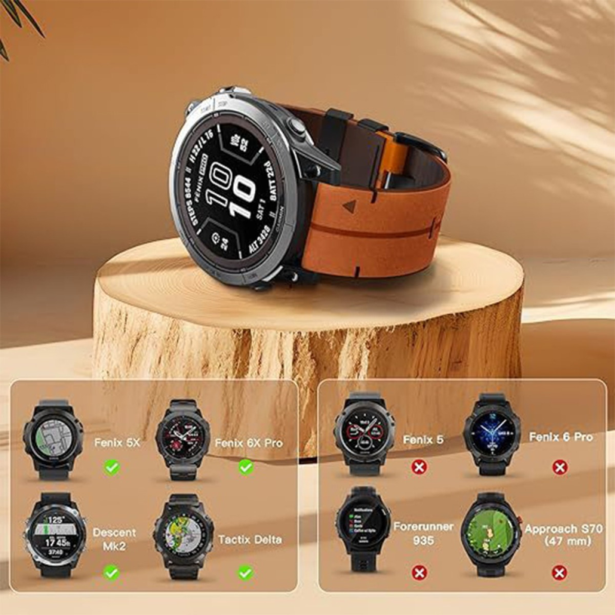 Eine Smartwatch mit orangefarbenem Armband liegt auf Holz. Unten sind Smartwatch-Modelle mit Häkchen oder Kreuzen.