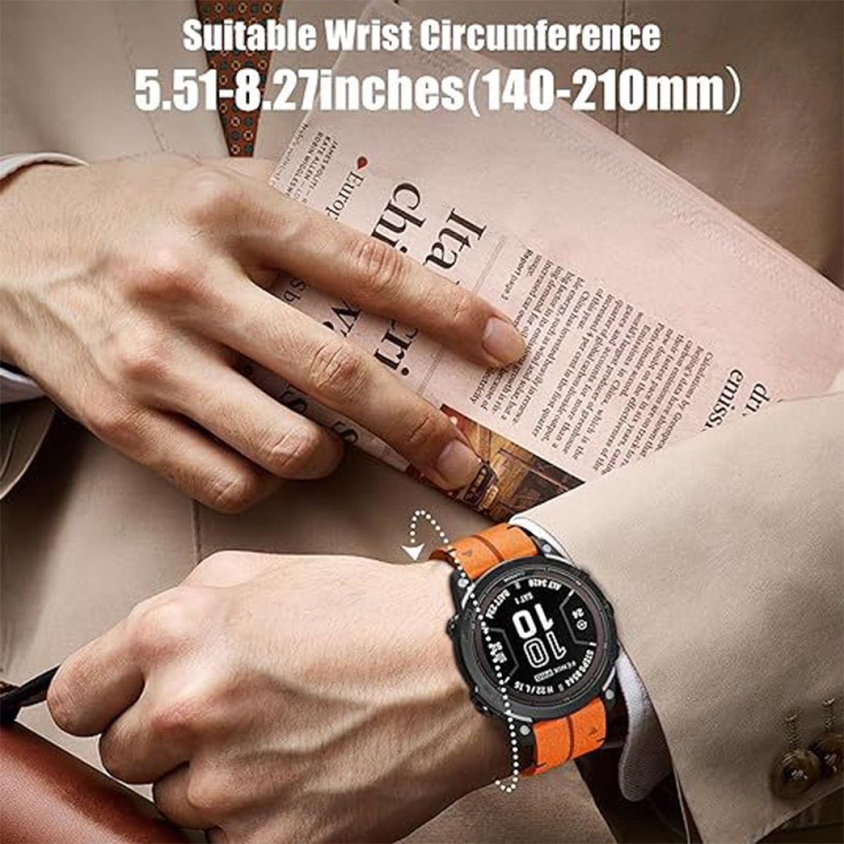 Ein Mann trägt eine Uhr mit orangefarbenem Armband und schwarzem Zifferblatt und hält eine Zeitung mit der Überschrift 'Ita chi'.