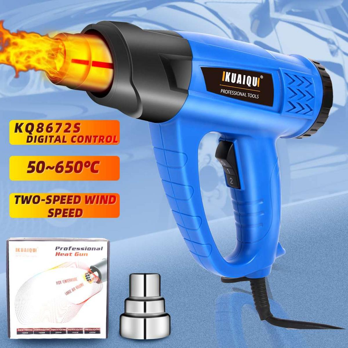 Eine blaue IKUAIQUI Heißluftpistole mit Flammeneffekt. Sie verfügt über ein digitales Bedienfeld, zwei Windgeschwindigkeiten und erreicht 650°C. Auch ein Zubehör.