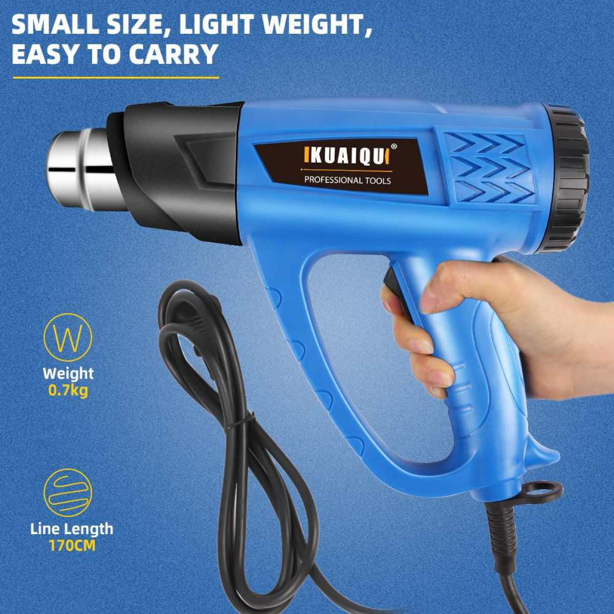 Eine blaue Heißluftpistole wird in einer Hand gehalten. Sie hat eine schwarze Düse, einen Griff und ein Kabel. Text: kleine Größe, leicht, einfach zu transportieren.