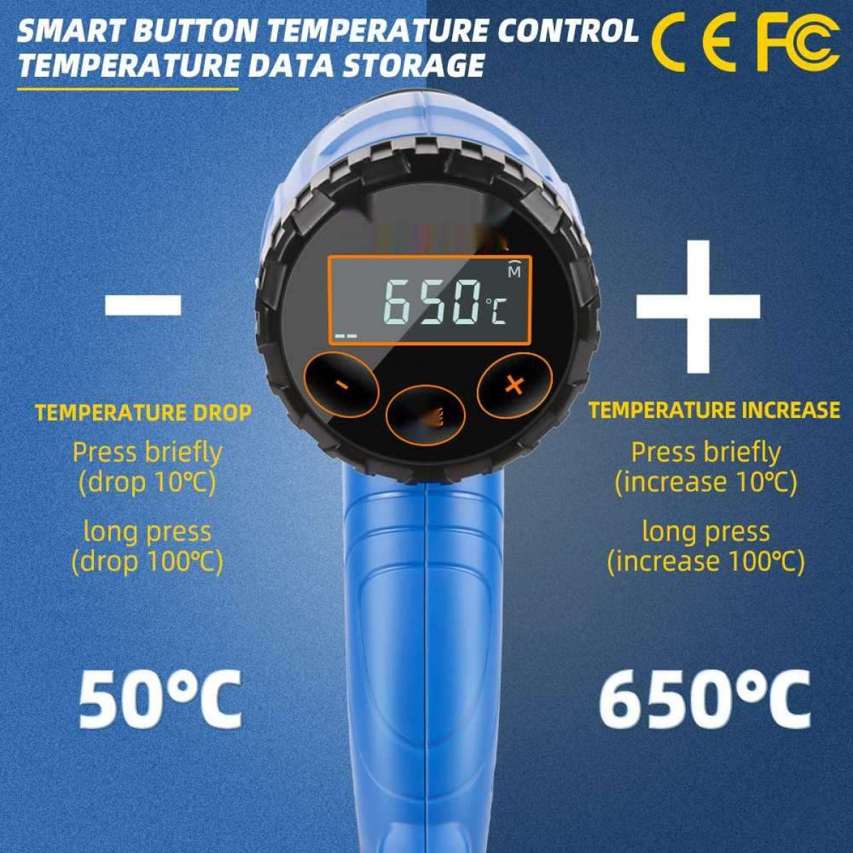 Temperaturregler mit Digitalanzeige von 650°C. Mit Tasten zur Temperatureinstellung und einem blauen Griff.