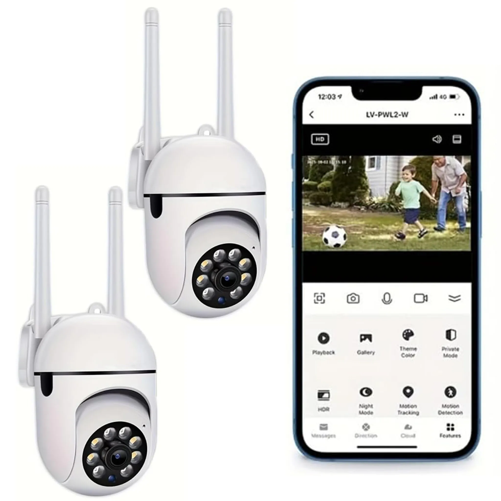 Zwei weiße Überwachungskameras mit Antennen. Ein Telefon zeigt ein Video von einem Jungen, der mit einem Erwachsenen Fußball spielt.