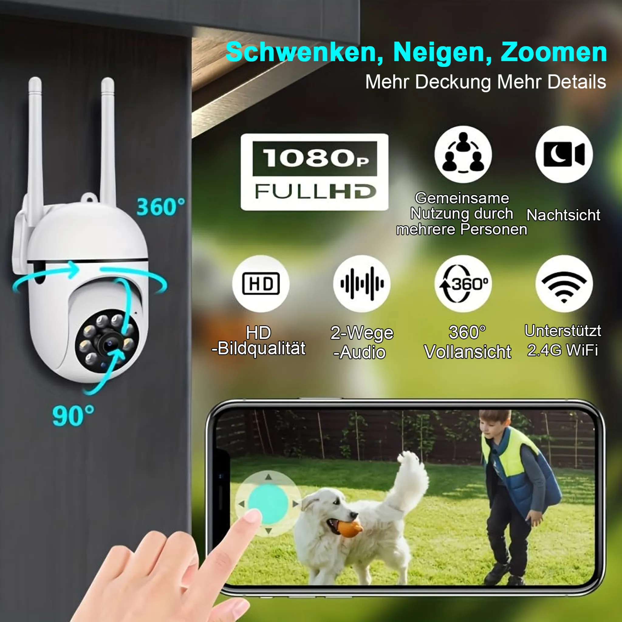 Eine weiße Überwachungskamera mit Antennen wird mit einem Telefon gezeigt, das einen Hund mit Spielzeug und einen Jungen zeigt.