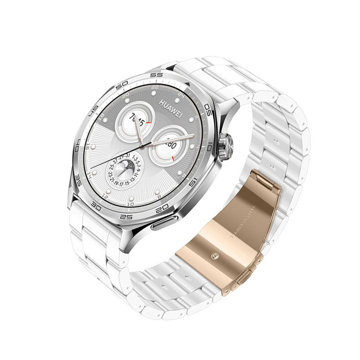 Een witte Huawei smartwatch met zilveren wijzerplaat, die tijd en andere gegevens weergeeft. De band is wit, met een gouden sluiting.