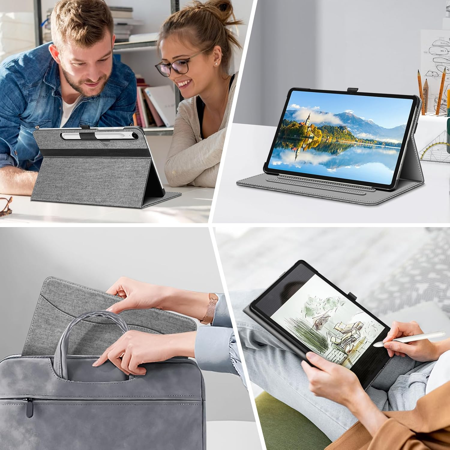 Das Bild zeigt ein Tablet in einer Hülle. Es wird von Personen benutzt. Es liegt auf einem weißen Tisch. Eine Person hält es.