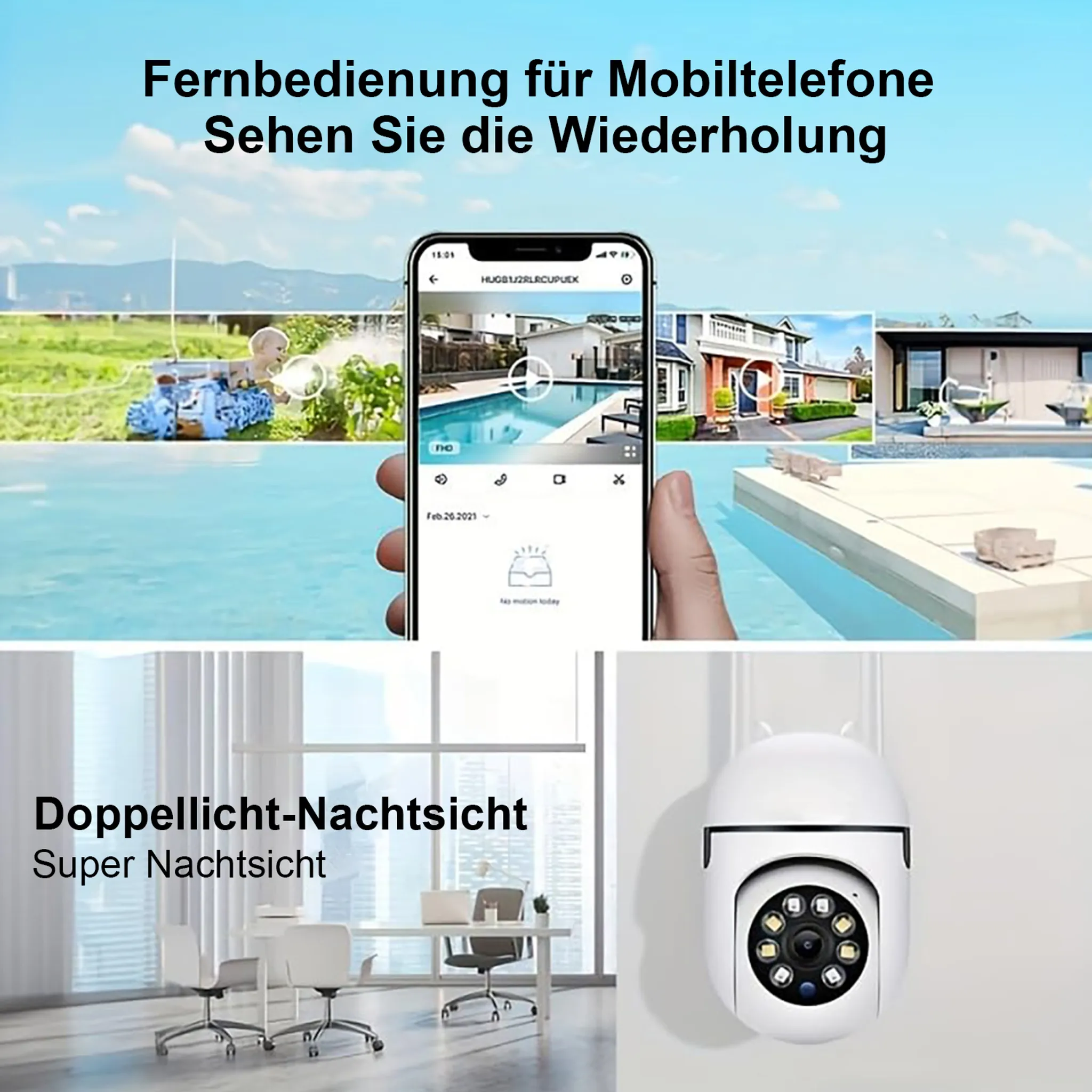 Das Bild zeigt ein Telefon, das Überwachungsvideos, eine Überwachungskamera und Text über Fernbedienung und Nachtsicht anzeigt.