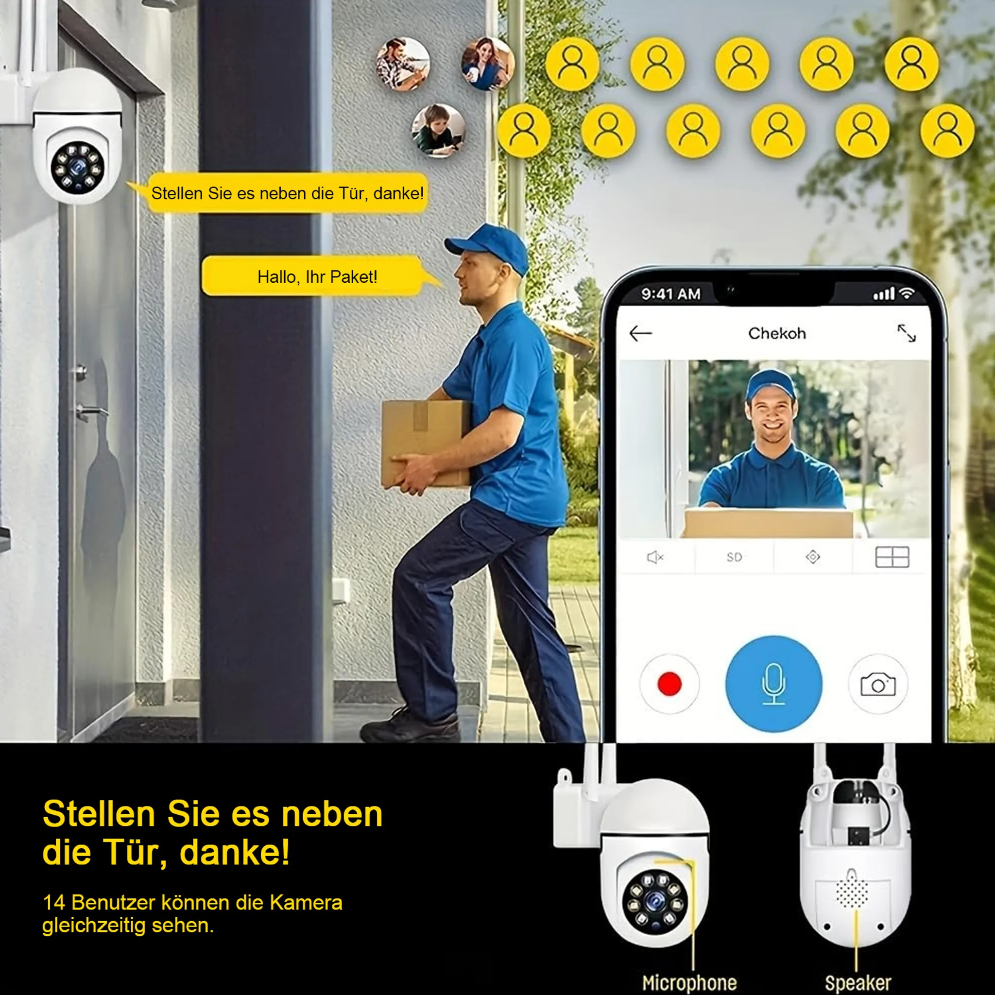 Ein Zusteller mit Paket, Kamera und Telefonbildschirm, der eine Person zeigt.