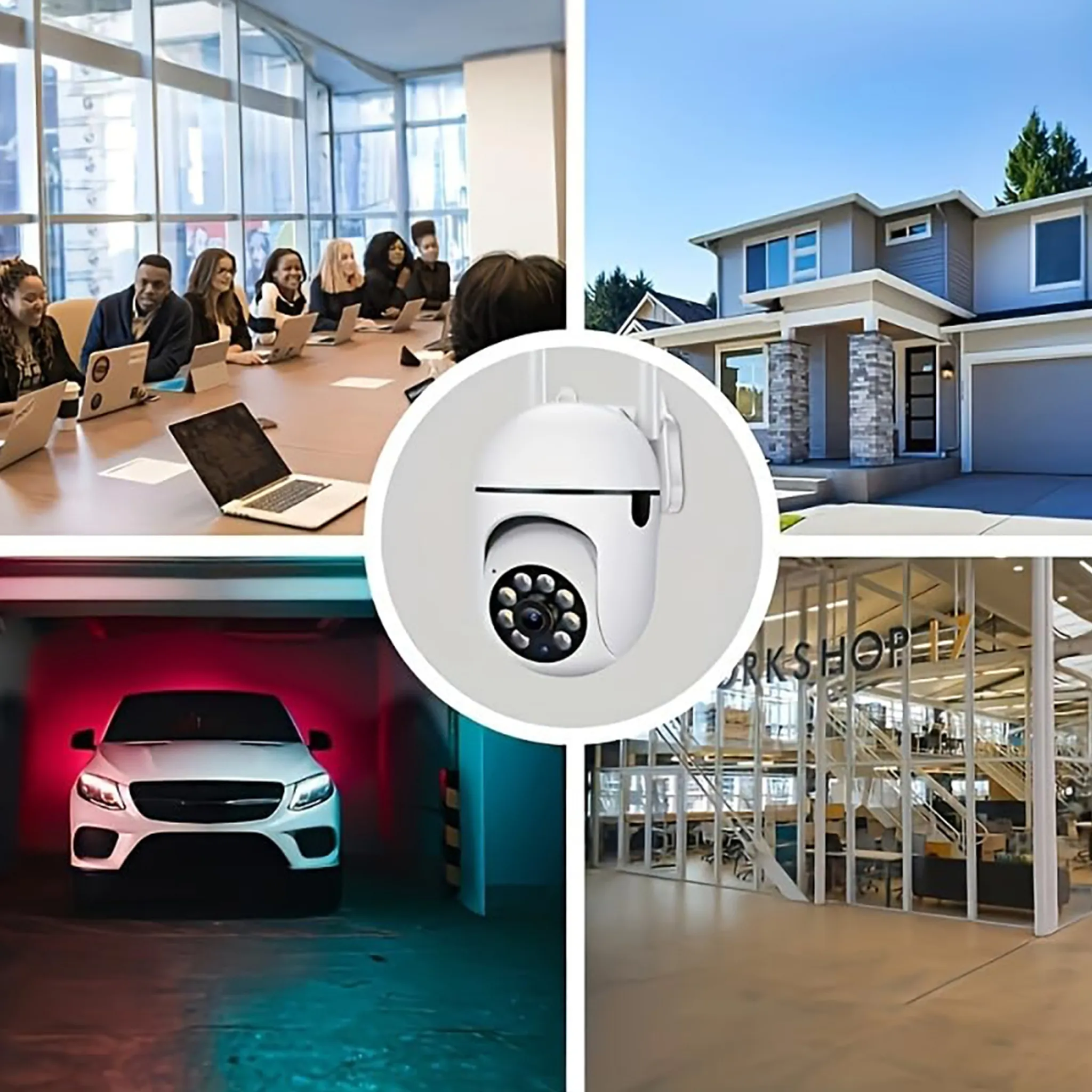 Das Bild zeigt ein Meeting, ein Haus, eine Werkstatt, ein weißes Auto und eine Überwachungskamera.