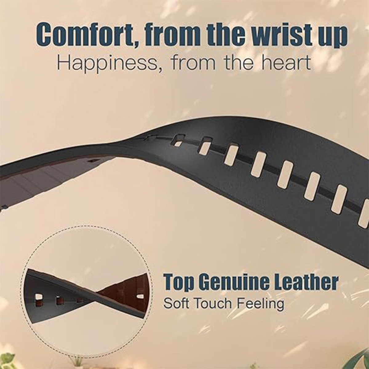 Schwarzes Lederarmband mit Aussparungen. Text sagt 'Komfort, vom Handgelenk auf' und 'Top-Echtes Leder'.