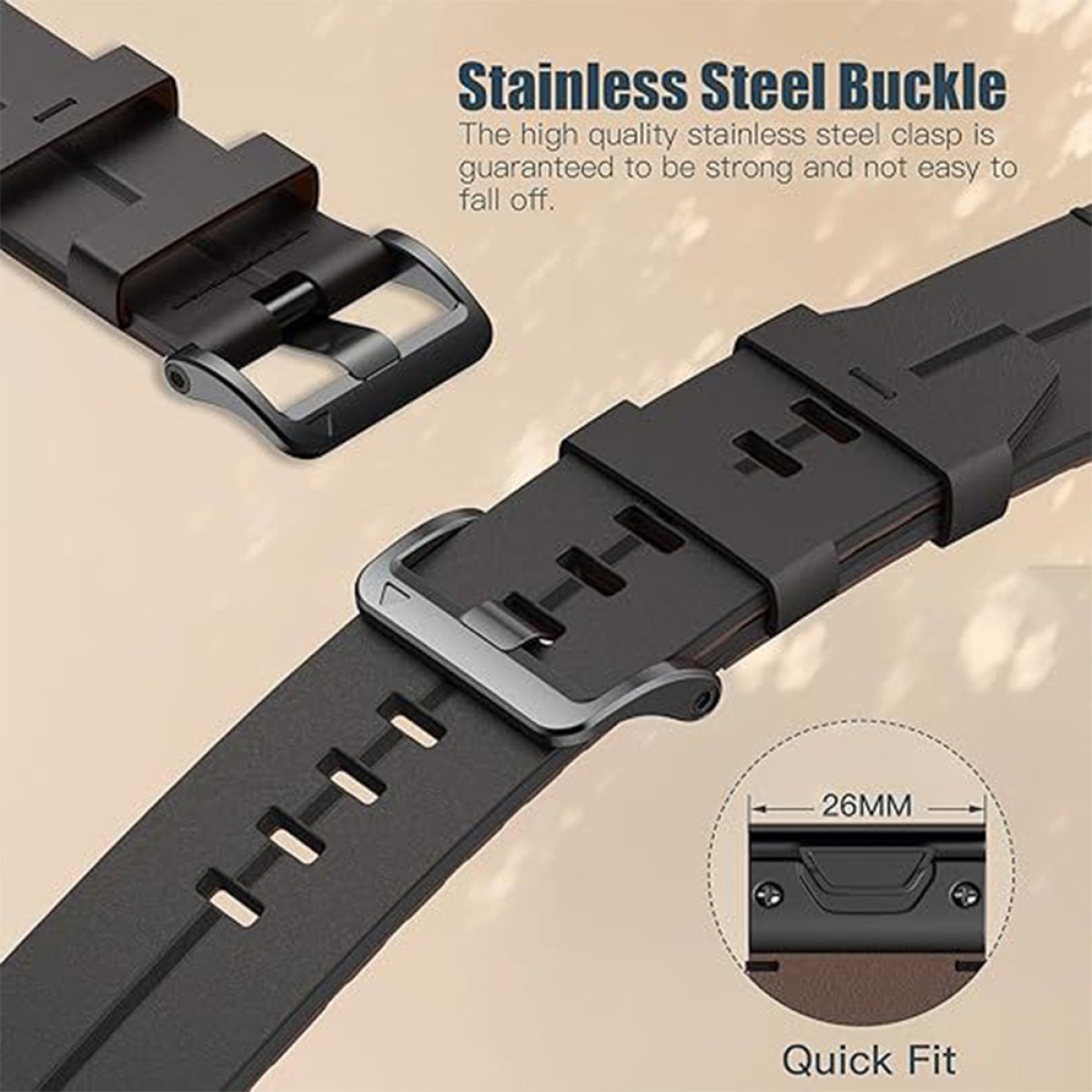 Nahaufnahme eines schwarzen Uhrenarmbands mit Edelstahlschnalle und 'Quick Fit'-Detail, mit dem Text 'Stainless Steel Buckle'.