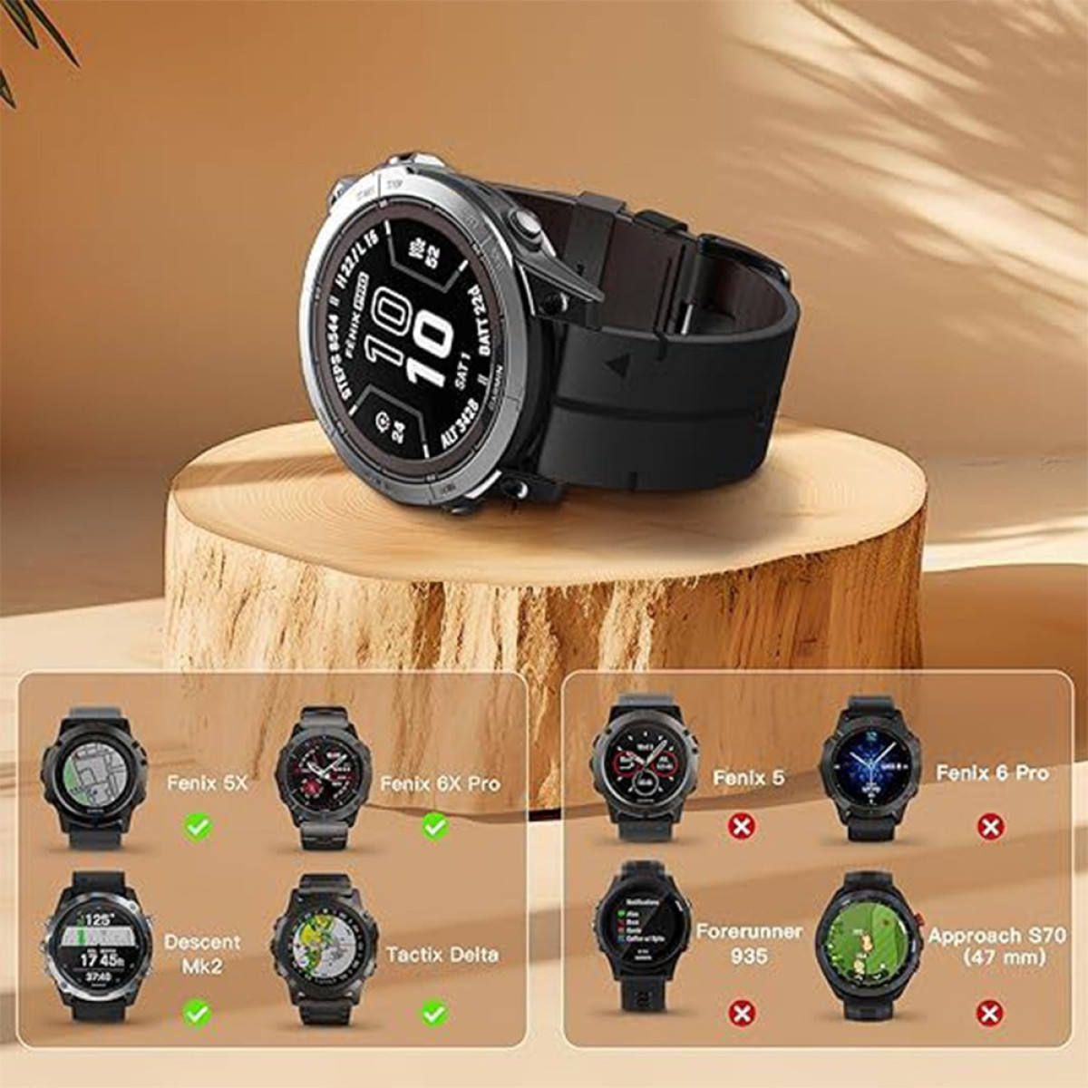 Eine Smartwatch mit schwarzem Armband steht auf einem Holzständer. Unten sind andere Uhrenmodelle, einige mit Häkchen, andere mit X-Zeichen.