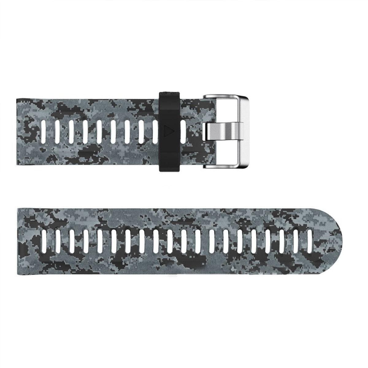 Correa de reloj con estampado de camuflaje gris y negro, hebilla negra y cierre plateado. Aislada sobre fondo blanco.