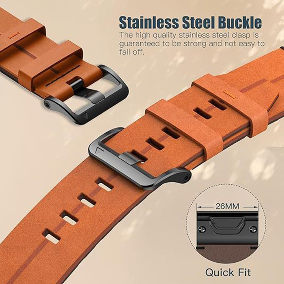 Nahaufnahme von braunen Leder-Uhrenarmbändern mit Edelstahlschnallen. Enthält ein 26-mm-Schnellpass-Diagramm.