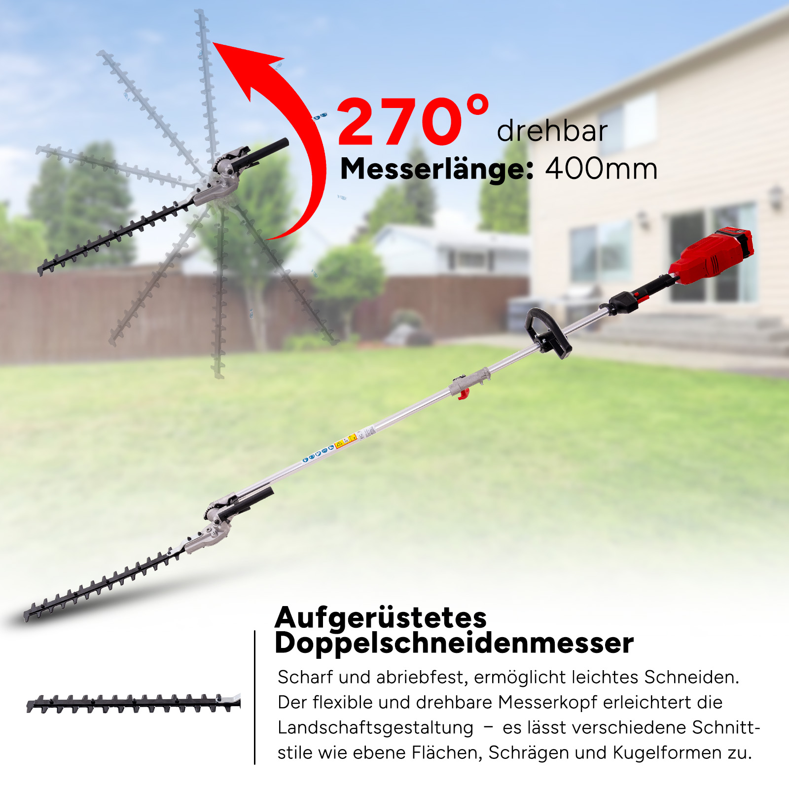 Eine Heckenschere mit rotem Motor, Klinge und Griff. Zeigt rotierende Klingewinkel, mit Text auf Deutsch.