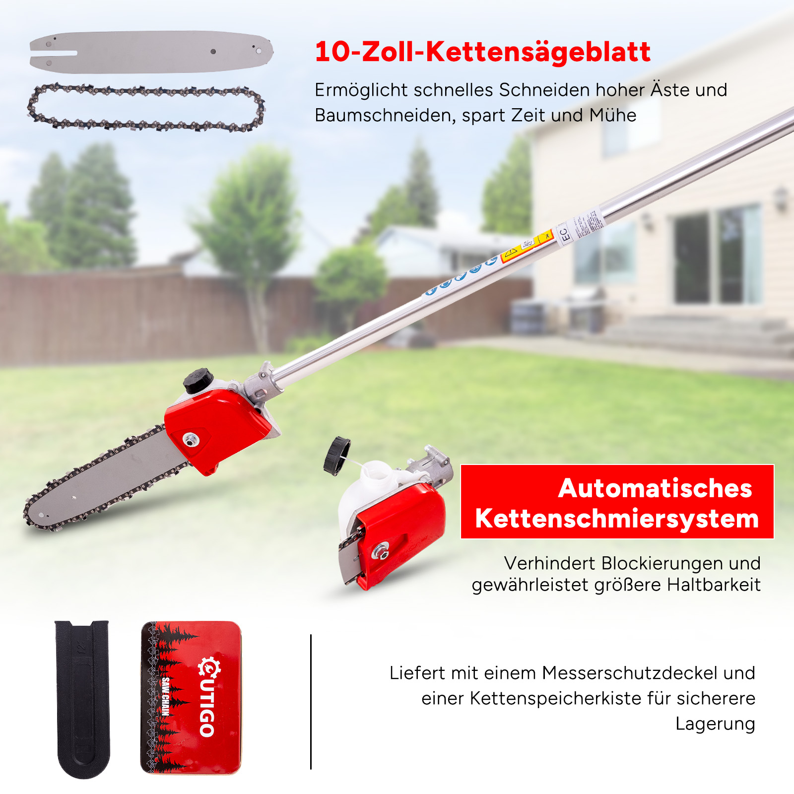 Eine Kettensäge mit rotem Kopf und schwarzem Griff, mit Klinge, Kette und anderen Teilen.