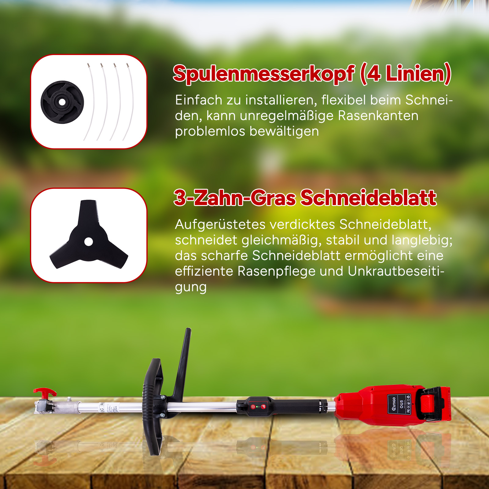 Ein roter und schwarzer Rasentrimmer auf einem Holztisch, mit zwei Klingentypen und Textbeschreibung.