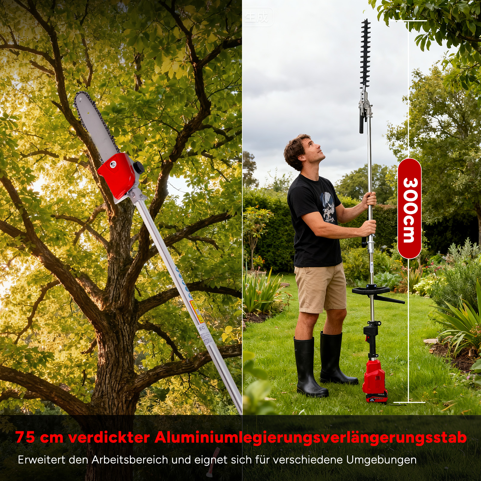 Ein Mann benutzt eine Stangensäge, um einen Ast zu schneiden. Die Säge ist rot und silber, der Mann ist im Garten.