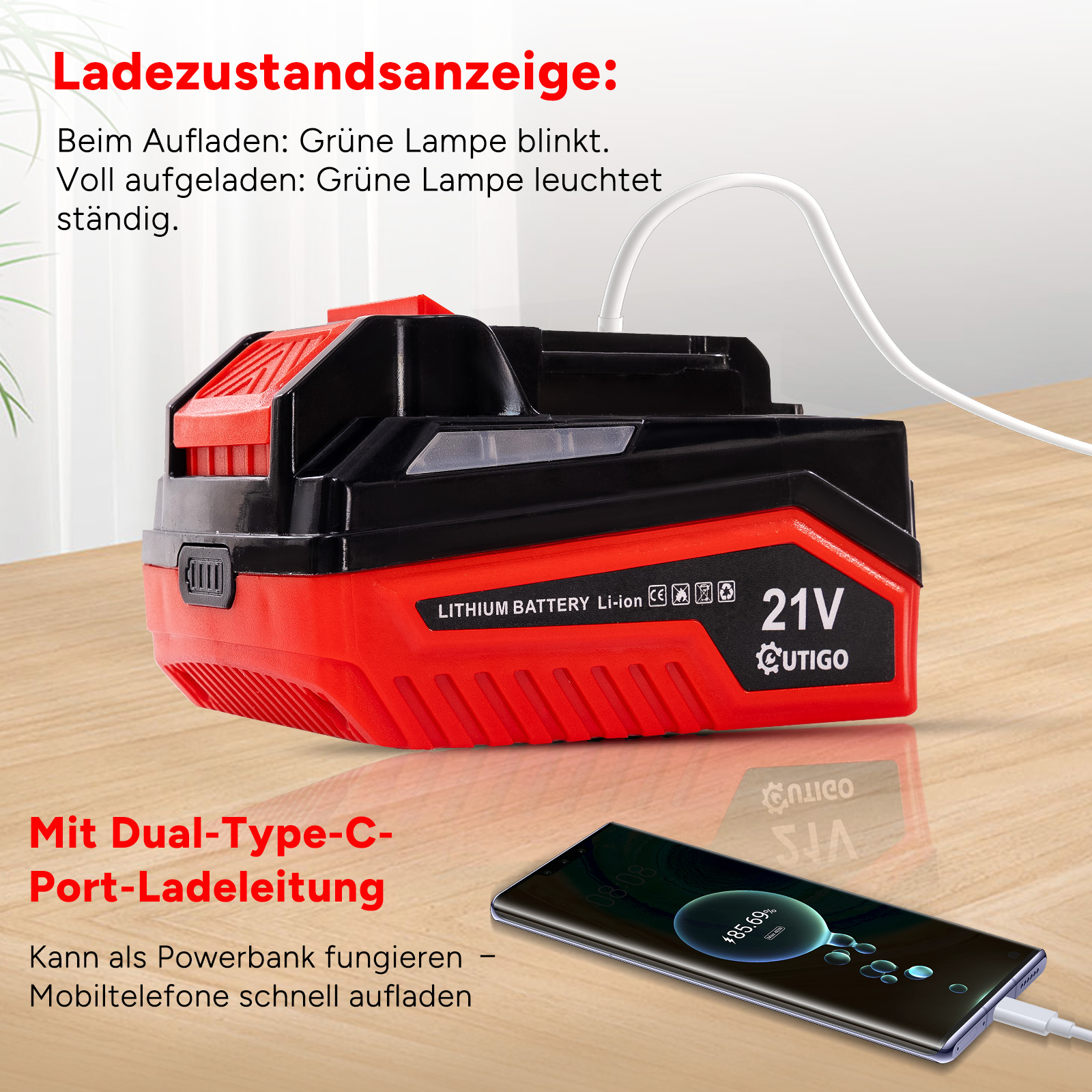 Roter und schwarzer Akku mit ladendem Telefon. Text zeigt Ladestatus und Dual-Typ-C-Anschluss an.
