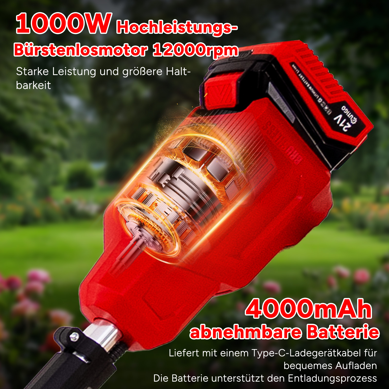 Ein rotes und schwarzes Elektrowerkzeug mit transparentem Innenmechanismus, mit Textüberlagerung.