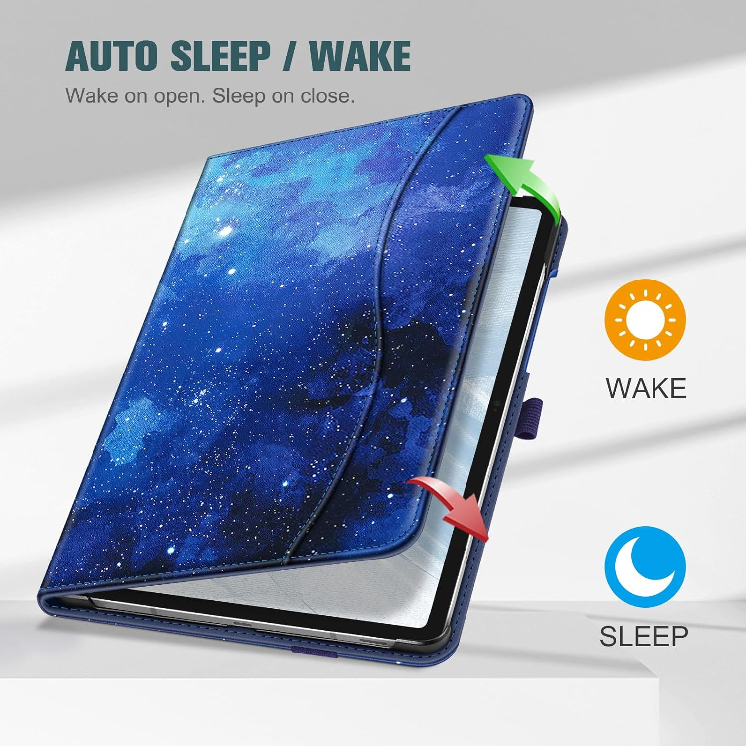 Ein Tablet in einer blauen Sternenhülle. Pfeile zeigen auf Weck- und Schlaf-Symbole. Text lautet 'Auto Sleep/Wake'.