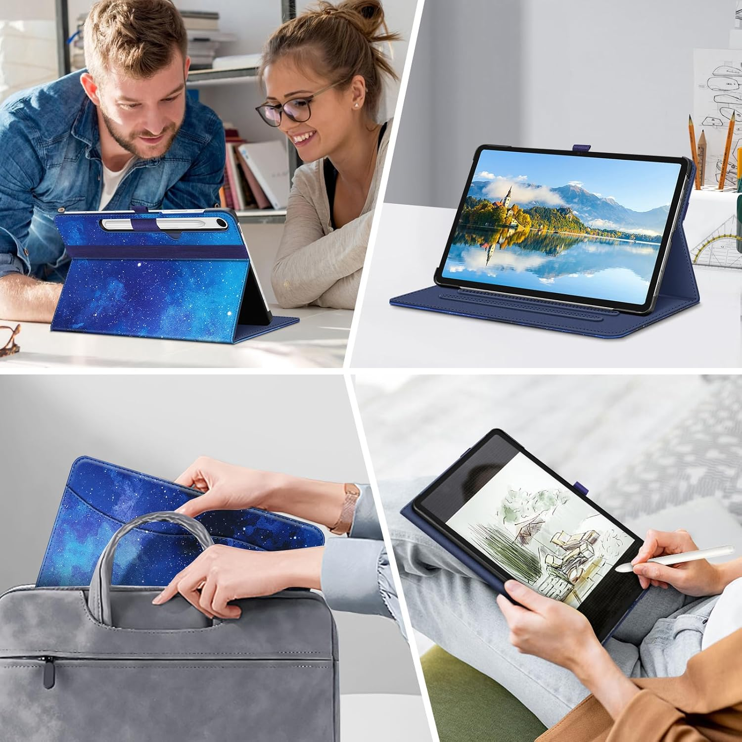 Das Bild zeigt eine Person, die ein Tablet mit Hülle benutzt. Das Tablet liegt auf einem Tisch. Die Hülle ist blau mit Galaxien-Design.