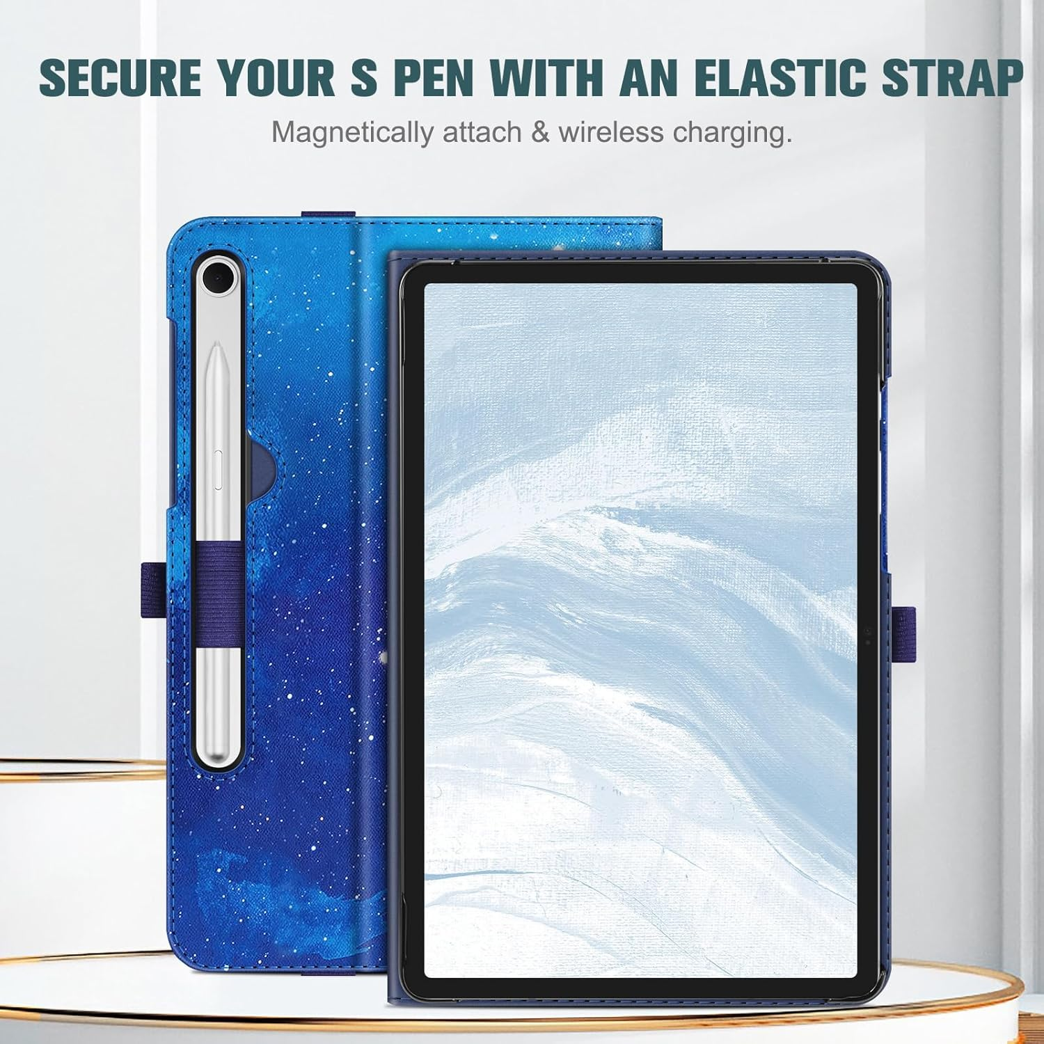 Eine Tablethülle mit Stift. Die Hülle ist blau mit Sternenmuster. Der Stift ist silberfarben. Der Text lautet 'Sichern Sie Ihren S Pen'.