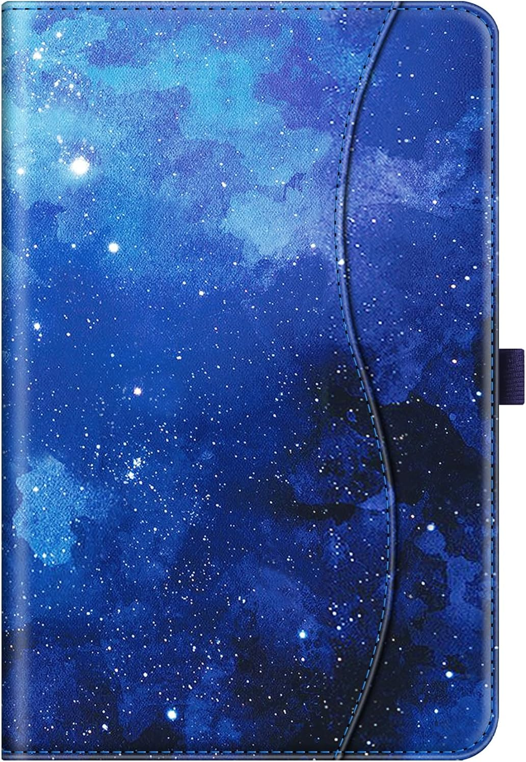 Eine blaue Hülle mit Sternennacht-Design. Sie hat eine gebogene Kante und einen lilafarbenen Riemen.