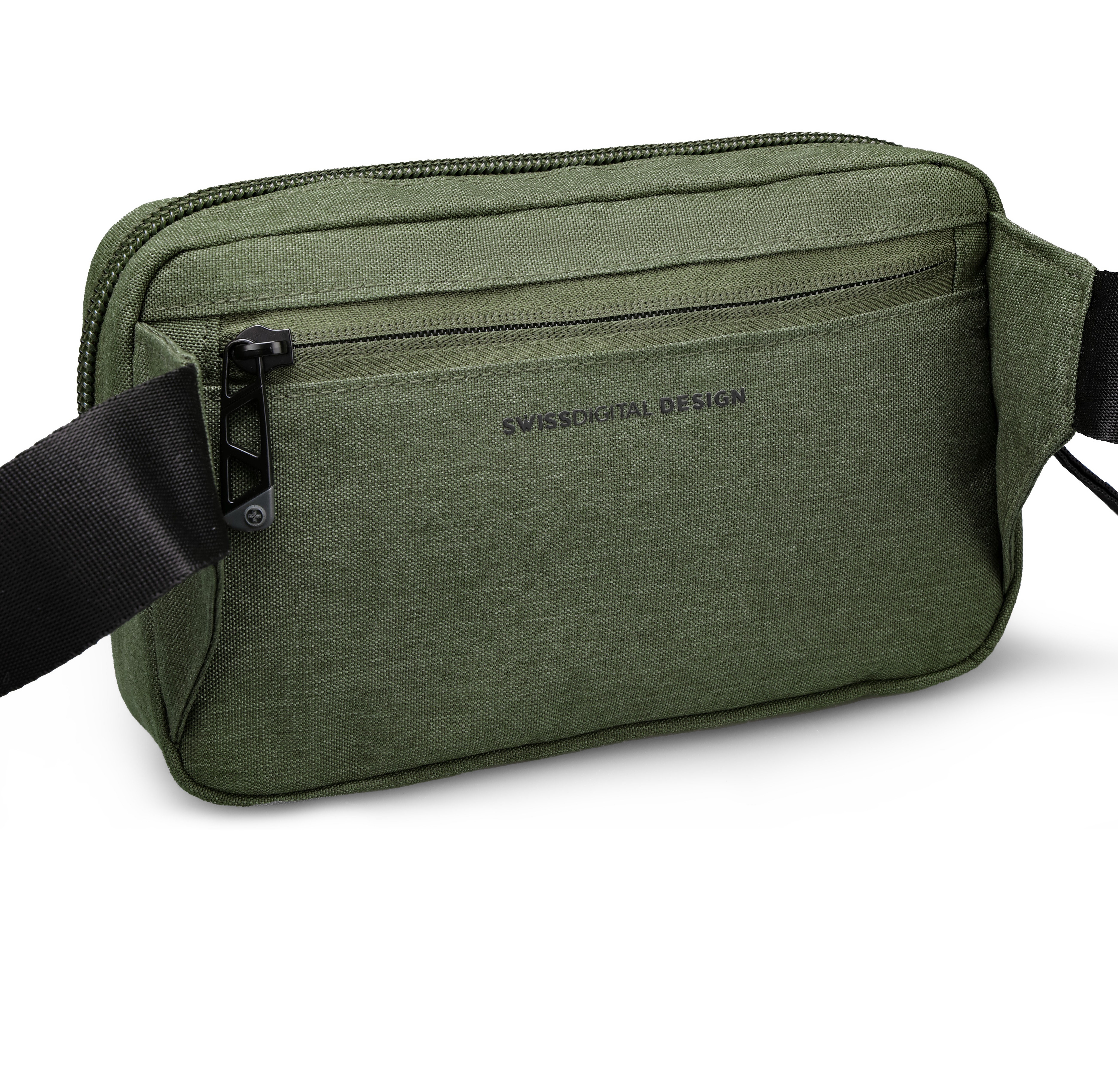 Borsa verde con cinturino e cerniera neri, le parole SWISSDIGITAL DESIGN sono sulla borsa.