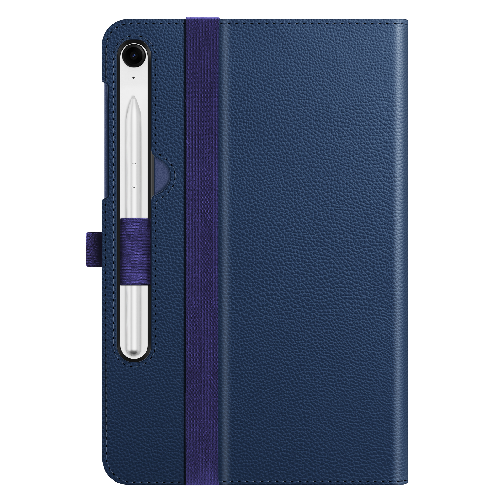 Blaue Tablet-Hülle mit Stift. Die Hülle hat ein lila Gummiband und Stifthalter. Weißer Hintergrund.