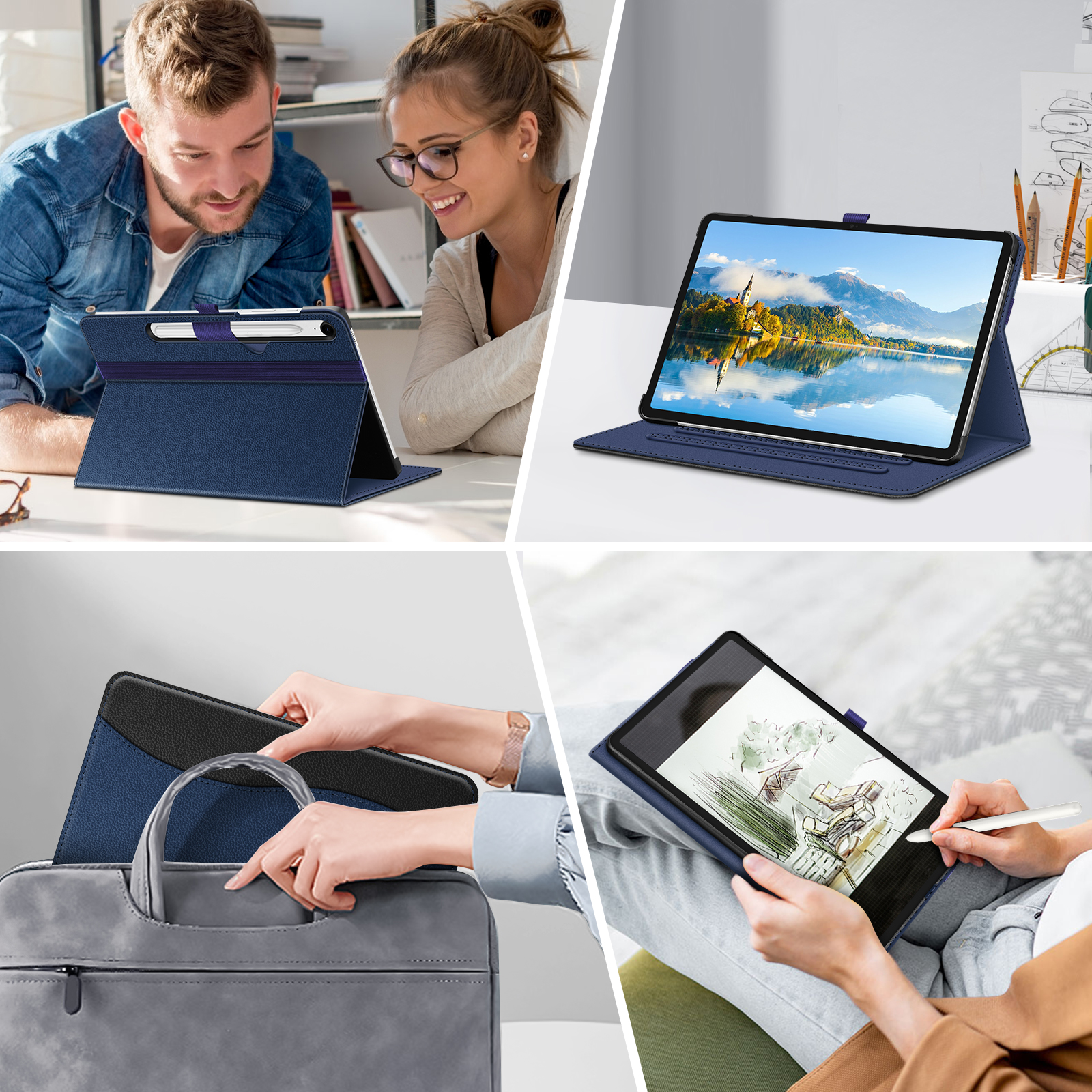 Tablet in blauem Etui, Person skizziert mit Stift. Ein weiteres Bild zeigt eine Landschaft auf dem Tablet.