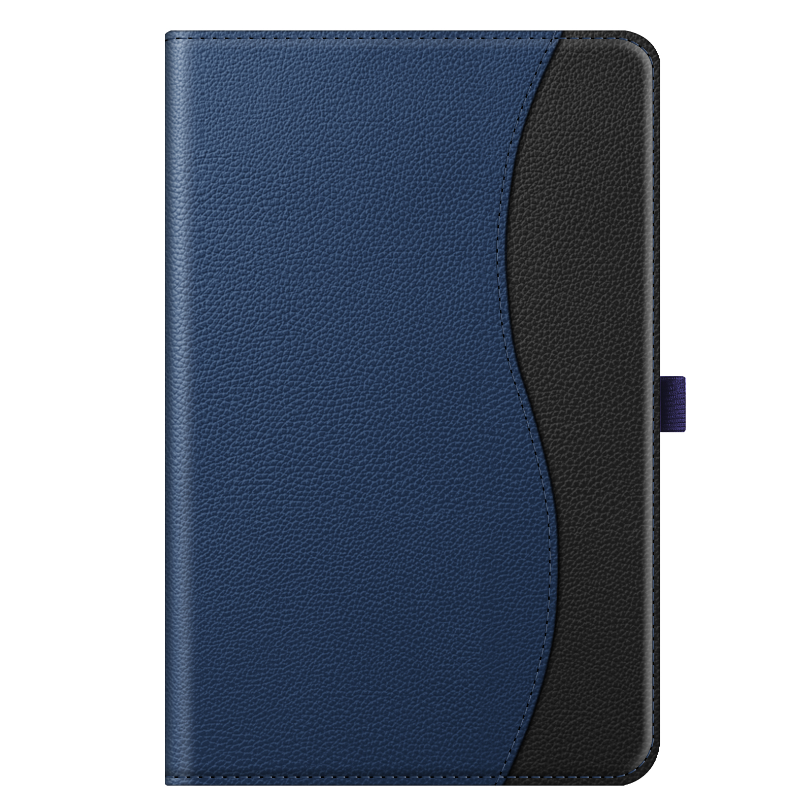 Eine blau-schwarze Tablet-Hülle aus Leder. Das Design umfasst eine geschwungene schwarze Platte und einen blauen Riemen.