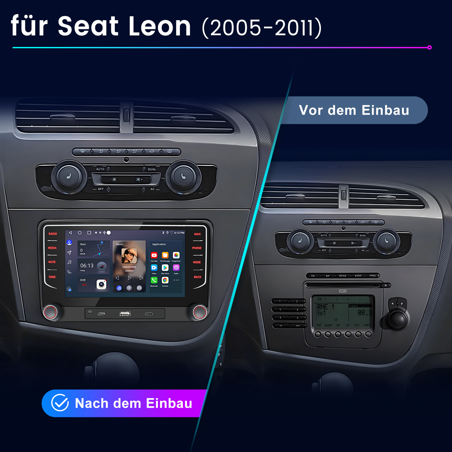 Obrazek przedstawia deskę rozdzielczą samochodu przed i po zainstalowaniu nowego systemu multimedialnego. Nowy system ma ekran dotykowy.