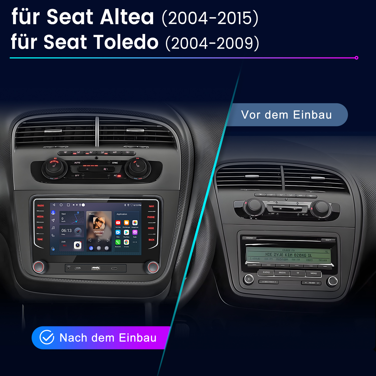 Das Bild zeigt das Armaturenbrett eines Autos vor und nach der Installation eines neuen Multimedia-Systems. Das neue System hat eine Touchscreen-Oberfläche.