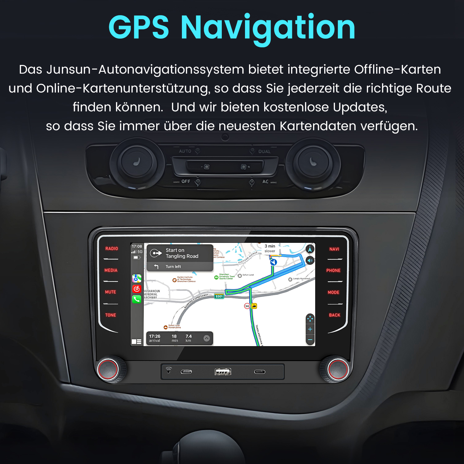 Auto-Armaturenbrett mit GPS-Navigationsbildschirm, Karte und Routenführung.