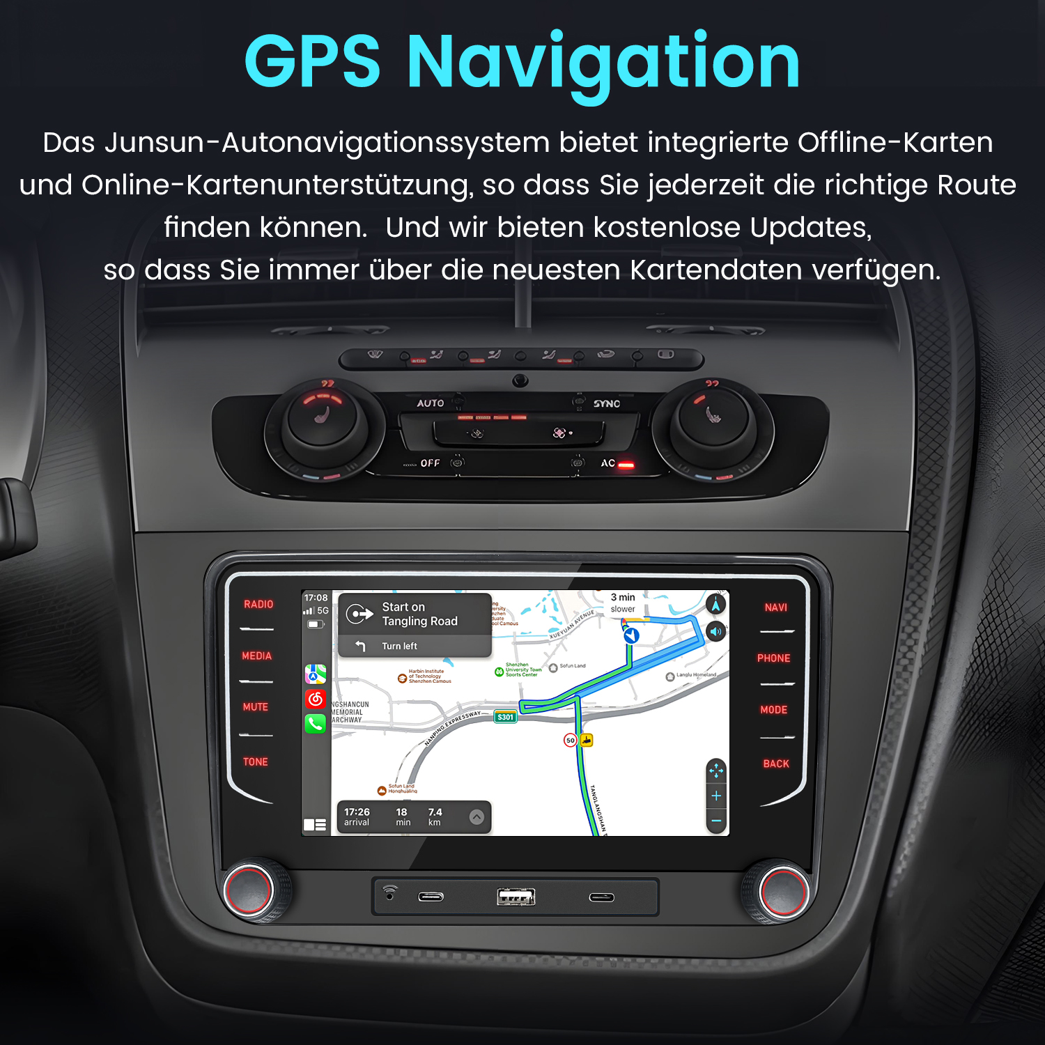 Auto-Armaturenbrett mit GPS-Navigation, Karte, Knöpfen und Text.