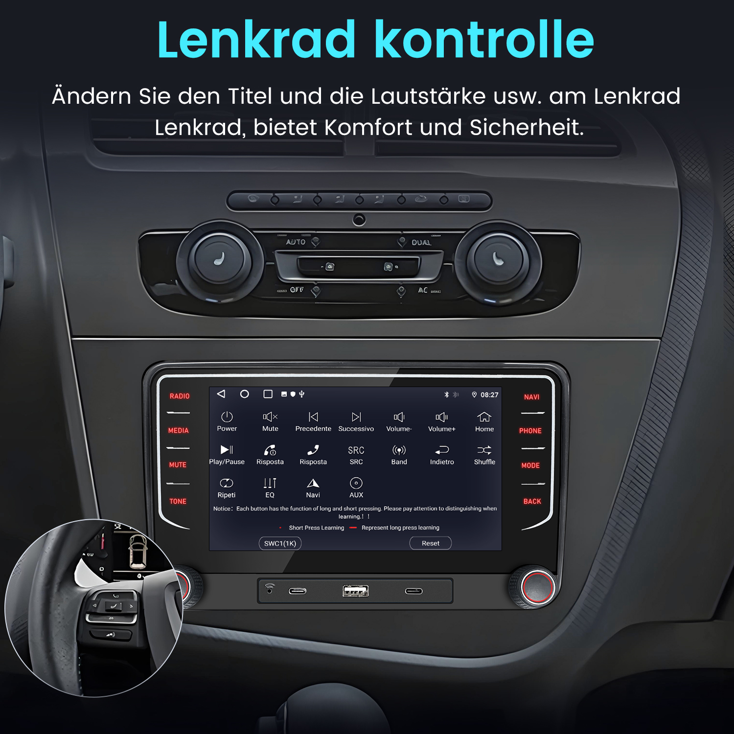 Panel samochodu z ekranem informacyjno-rozrywkowym, wstawką kierownicy. Ekran pokazuje elementy sterowania multimediami. Niemiecki tekst: Lenkrad Kontrolle.