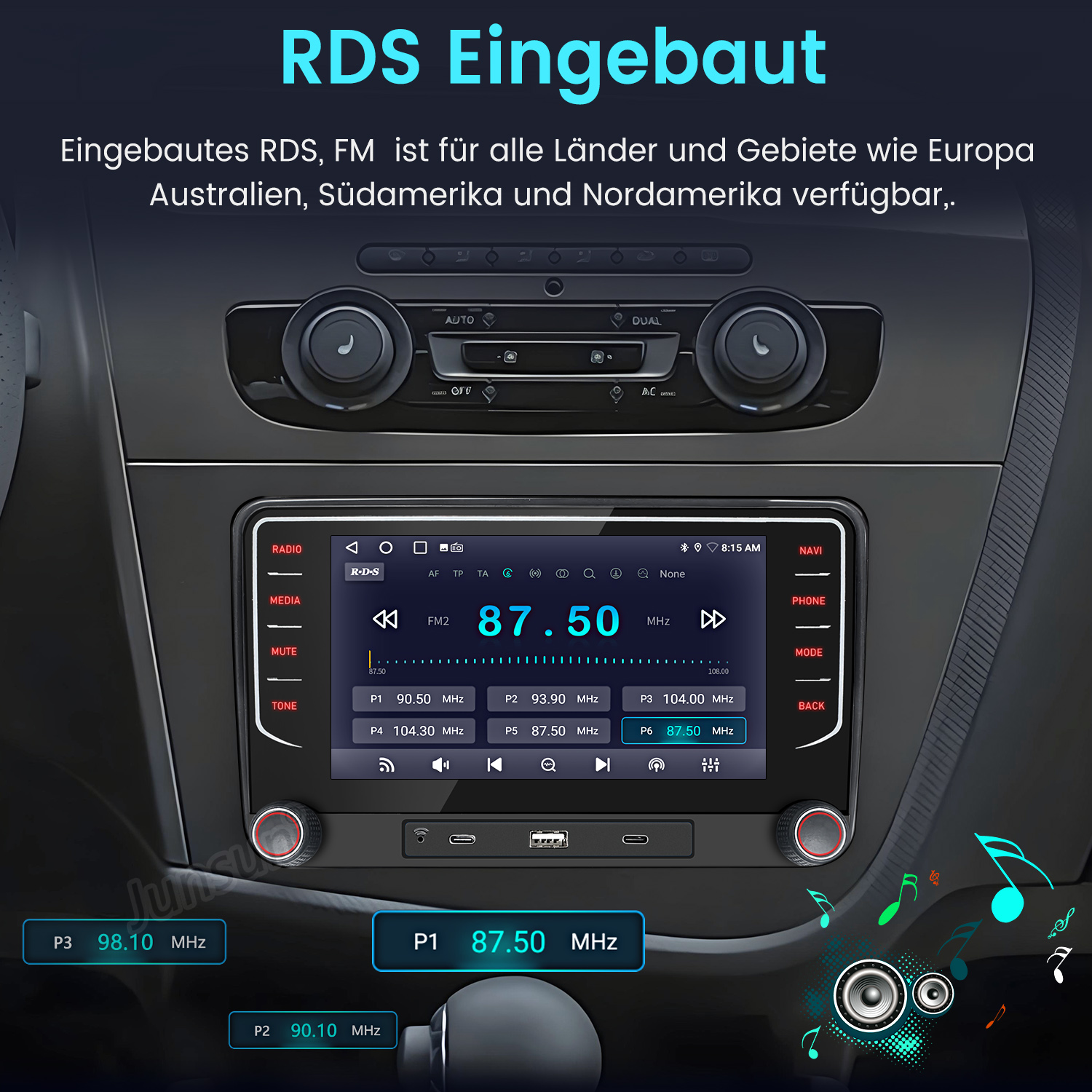 Radio samochodowe z cyfrowym wyświetlaczem, pokazującym informacje radiowe FM. Pokrętła i przyciski otaczają ekran.