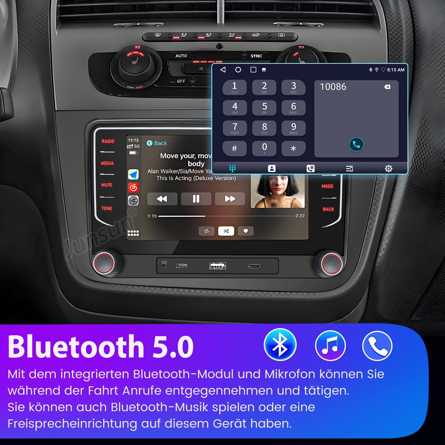 Autoradio mit Bildschirm, der eine Telefontastatur und eine Musikplayer-Oberfläche anzeigt. Bluetooth 5.0 Logo vorhanden.