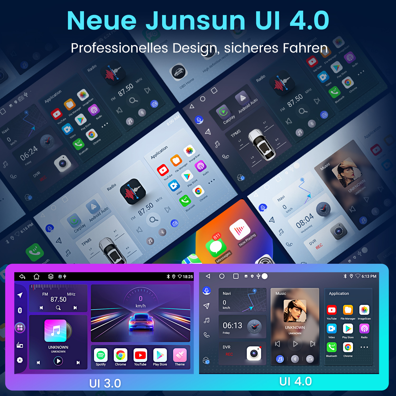 Car-Radio-UI mit verschiedenen Oberflächen, darunter Musik, Navigation und Anwendungen, mit Text auf Deutsch.