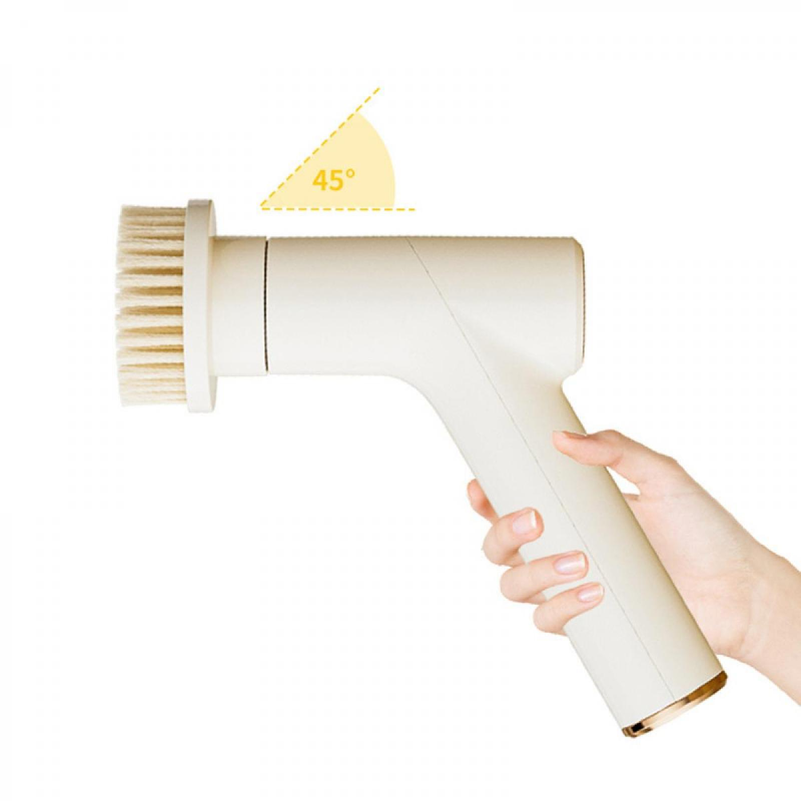 Eine weiße elektrische Reinigungsbürste wird von einer Hand gehalten. Der Bürstenkopf befindet sich links. Der Winkel von 45 Grad wird angezeigt.