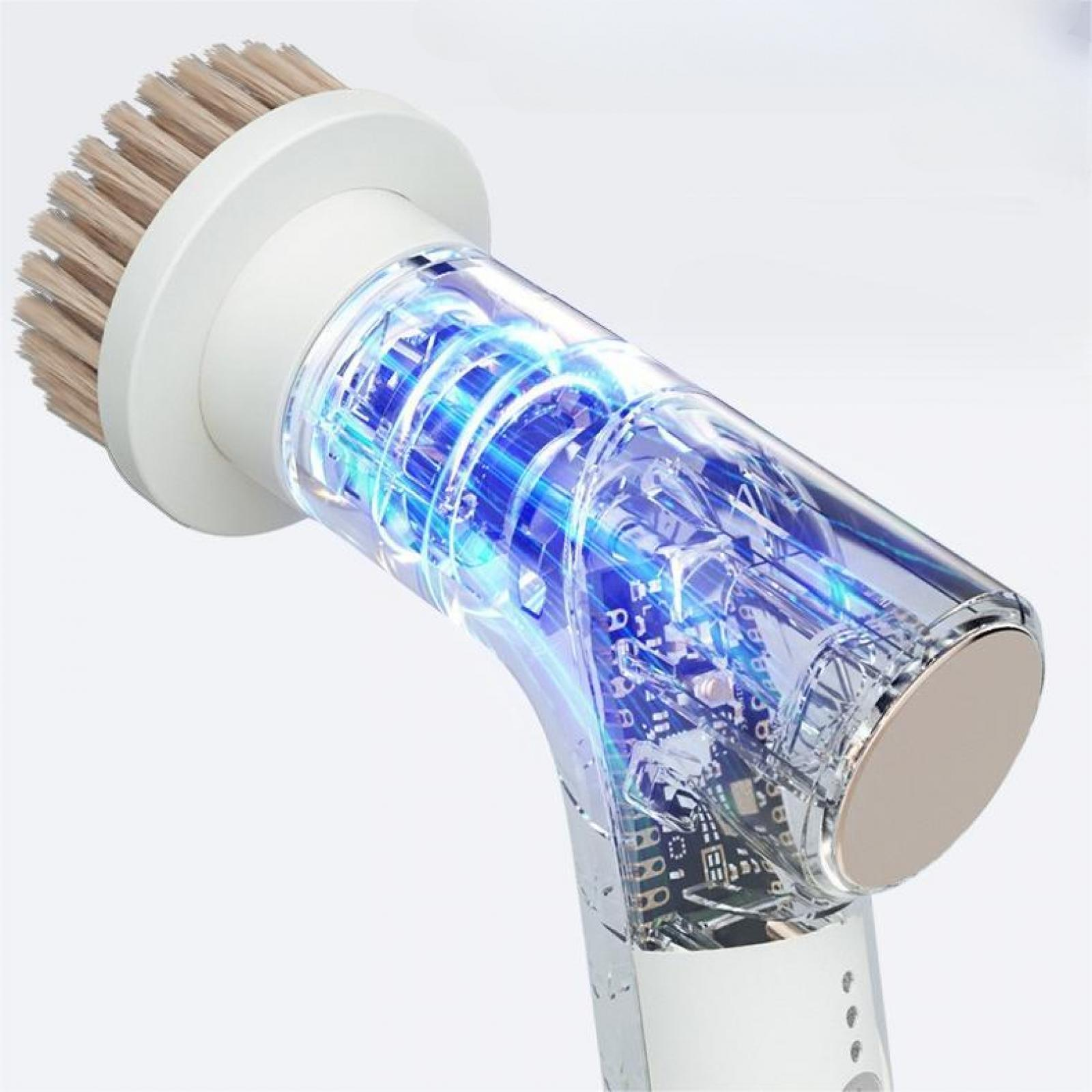 Nahaufnahme einer Reinigungsbürste mit transparentem Griff, der innere Schaltkreise und blaue Lichter zeigt.