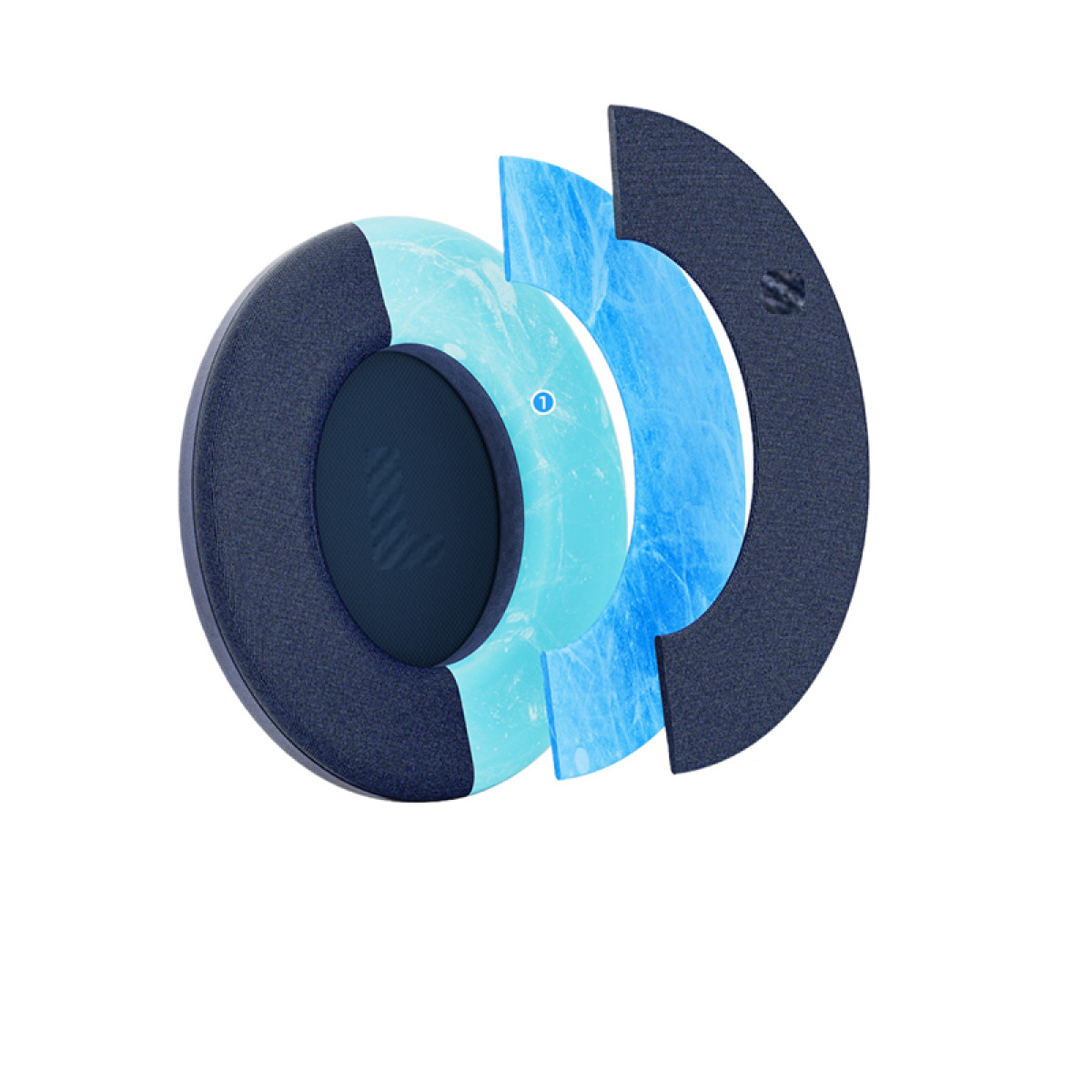 Sezione trasversale di un oggetto circolare blu scuro con strati azzurri e un anello esterno blu scuro.