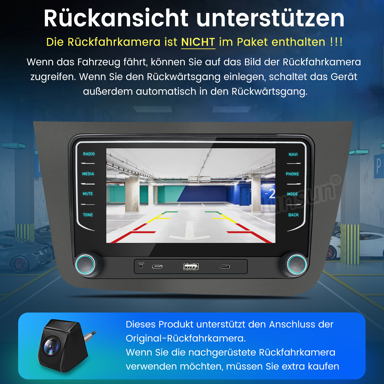 Autoradio-Bildschirm mit Parkhausansicht. Unten ist eine Kamera abgebildet. Text auf Deutsch erklärt die Funktionen.