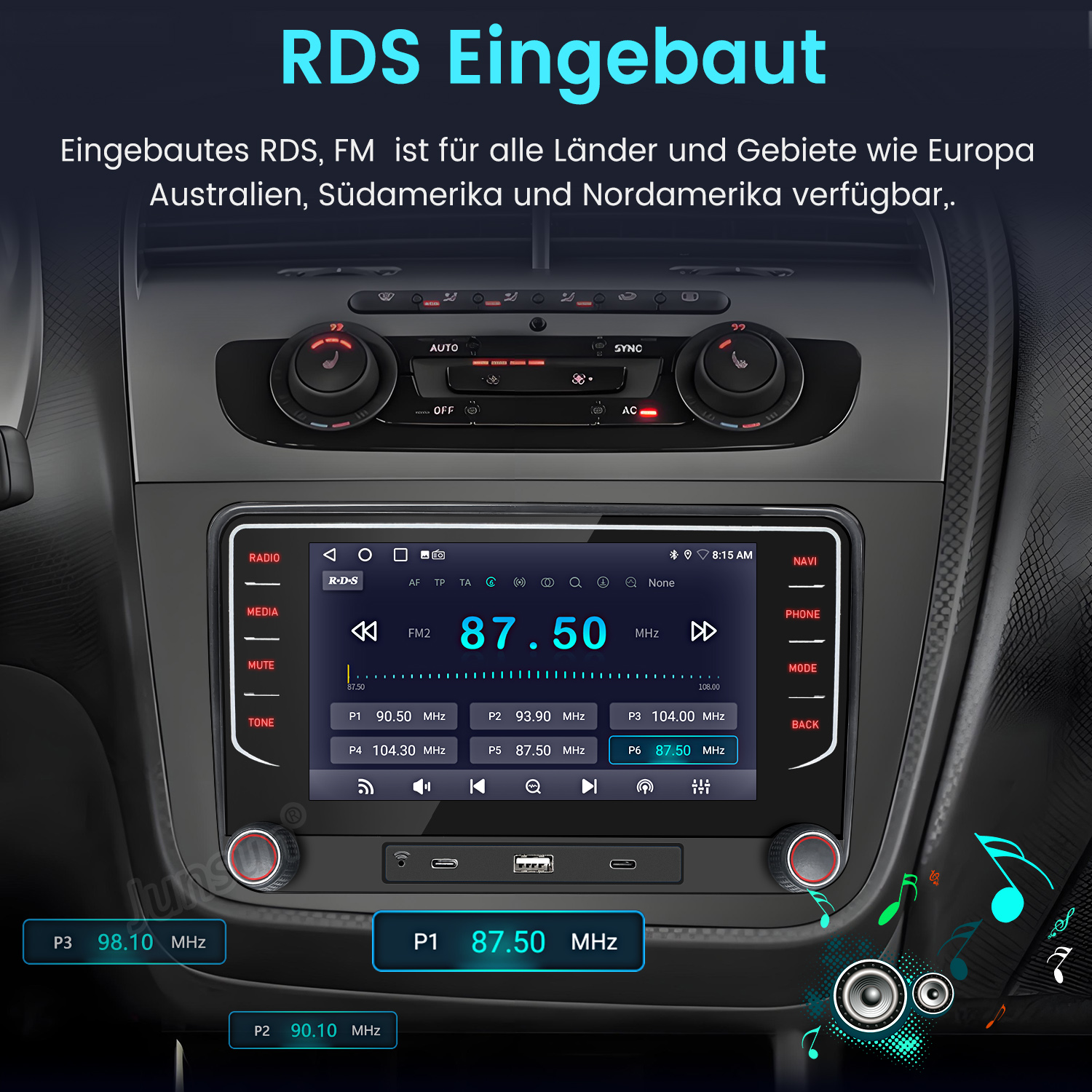 Autoradio mit Bildschirm, der die Radiofrequenz 87,50 MHz anzeigt. Tasten und Knöpfe sind sichtbar. Text oben: RDS Eingebaut.