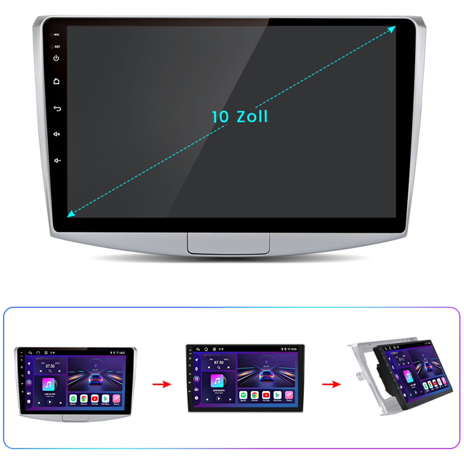 Ein Auto-Multimedia-System mit einem 10-Zoll-Bildschirm wird gezeigt. Drei kleinere Bildschirme zeigen die Benutzeroberfläche und den Aufbau.