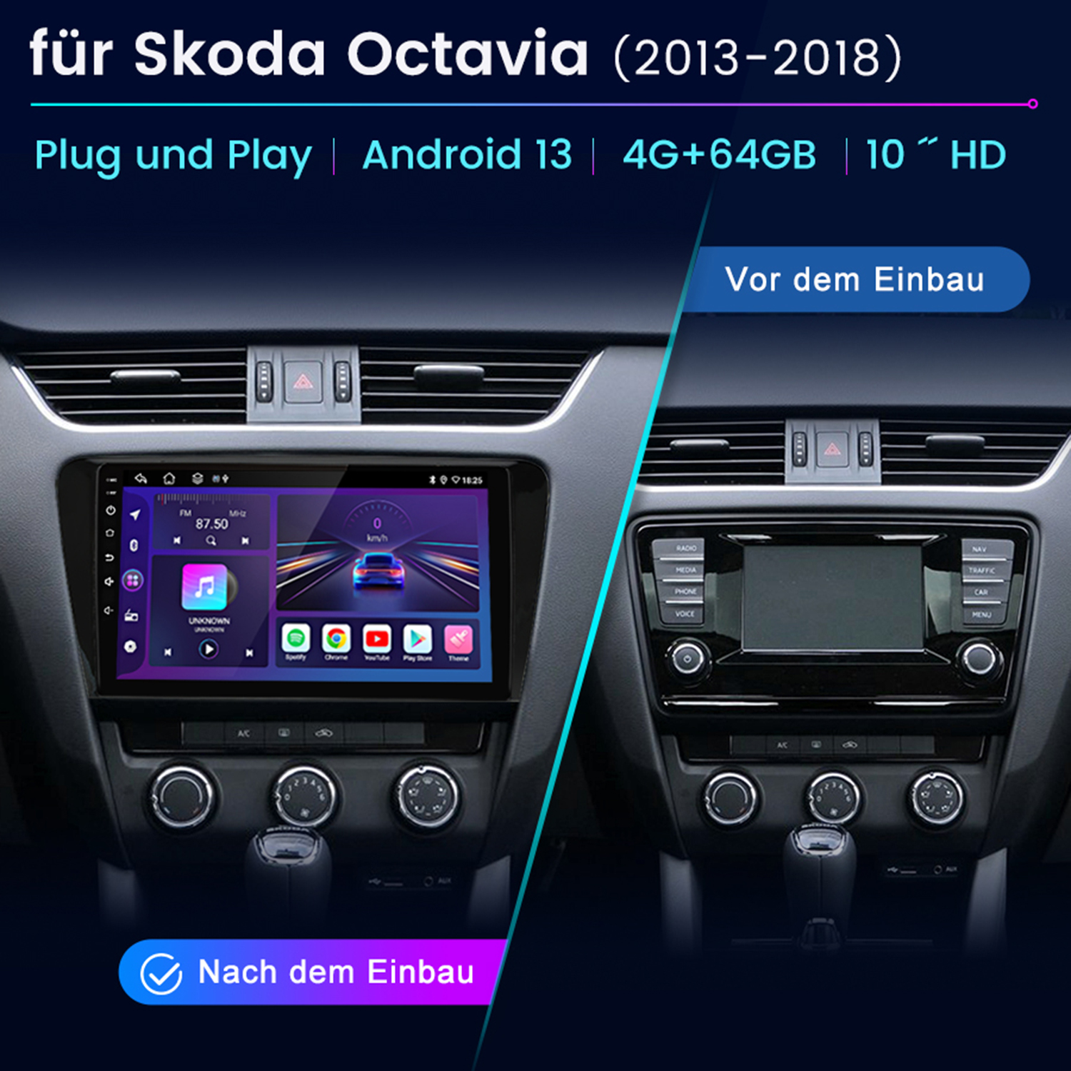 Autoinnenraum mit Vorher-Nachher-Ansicht eines Android-Systems. Bildschirm, Knöpfe und Fahrzeugmerkmale werden gezeigt.